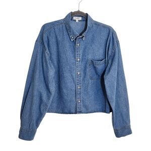 Faded Rose Cropped Blue Denim Button Down Shirt Size Large